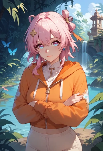 star rail,march 7th,crop hoodie,shorts  - AI generated anime art